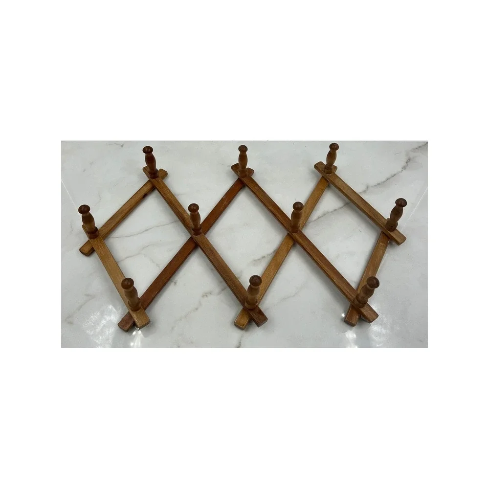 VTG Wood Accordion Wall Rack Expandable 10 Peg Hat Coat Mug Rack Natural Wood